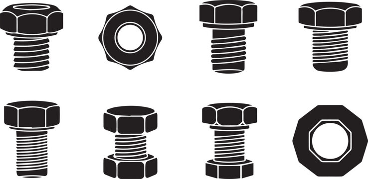 Industrial Steel Bolts and Hex Nuts Hardware Silhouette Vector Set