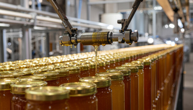 Honey bottling process in production