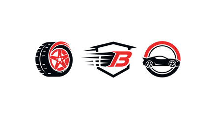 Automotive Logo Collection: Tire, Speeding Letter B, and Sports Car Icon © Heri_s99