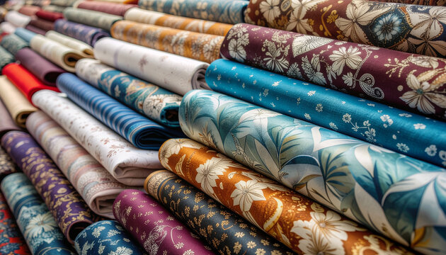 Stacked colorful fabric rolls display