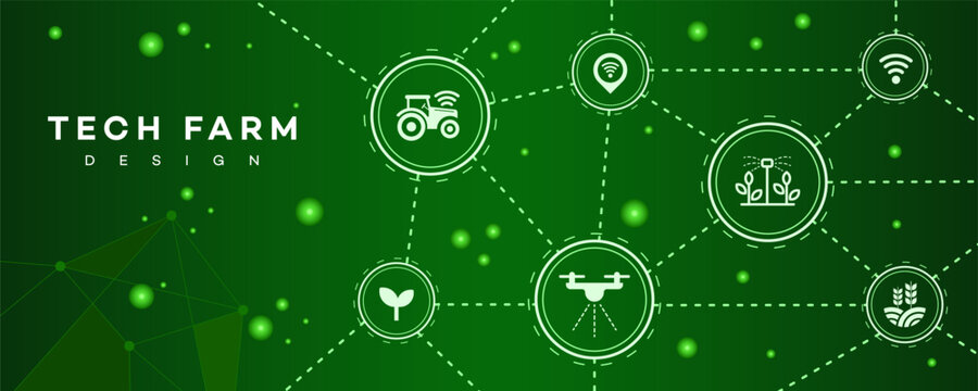 Modern smart agriculture network banner illustrating digital farming technology, precision irrigation, drone spraying, and crop monitoring for sustainable agribusiness.