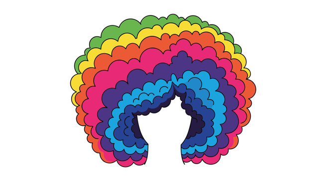 Vibrant and oversized afro wig is made from many layers of colorful curls, representing the full spectrum of a rainbow.