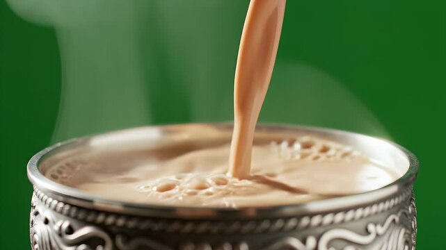 Mongolian Milk Tea Suutei Tsai Poured Into Ornate Silver Cup with Steam Rising Against Vibrant Green Background Cinematic Lighting