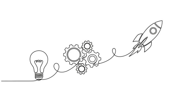 Startup Idea Launch: Lightbulb, Gears, and Rocket Ship in Continuous Line Art