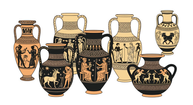 Assortment of ancient Greek ceramic vases and amphorae decorated with classical black-figure and red-figure pottery art.