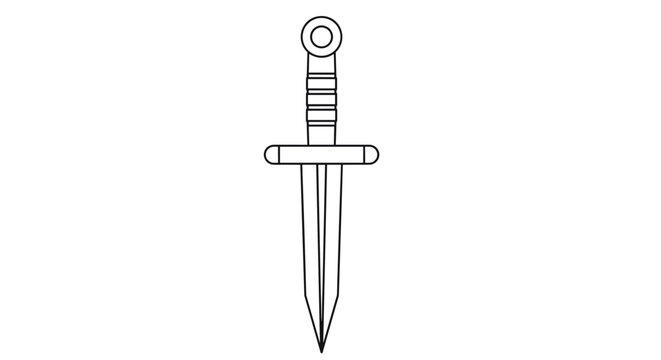 Simple black and white line drawing depicts a double-edged dagger or small sword with a round pommel and a protective crossguard.