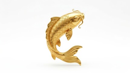 Fototapeta premium Luxurious golden koi fish sculpture gracefully swimming upward in a dynamic pose isolated on a clean white studio background showcasing elegance and prosperity
