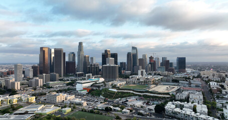 Fototapeta premium Los Angeles downtown skyline financial district. Los Angeles modern skyscrapers urban cityscape. Los Angeles skyline towers business center. Los Angeles aerial drone panorama view.