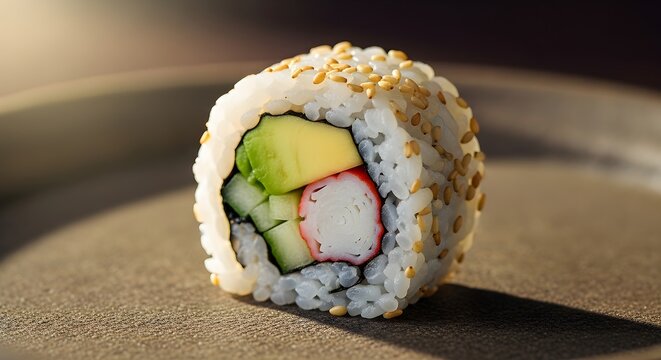Fresh California Roll Sushi With Sesame Seeds And Vegetables On A Textured Plate Close Up