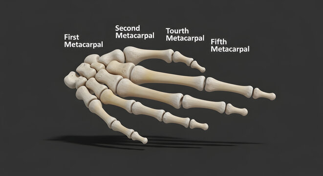 Close up view of human hand bone structure including metacarpals and phalanges on neutral background