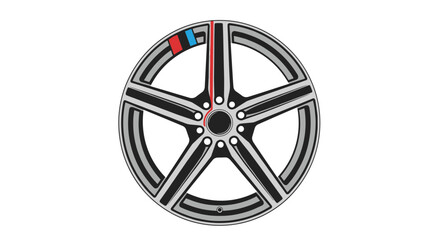 Obraz premium Modern car wheel rim in silver and black colors with three small colored stripes is isolated on a white background.