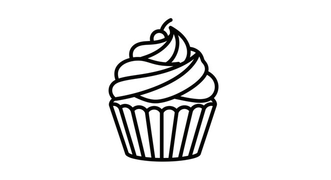 Simple black and white line drawing of a cupcake with frosting and a cherry on top