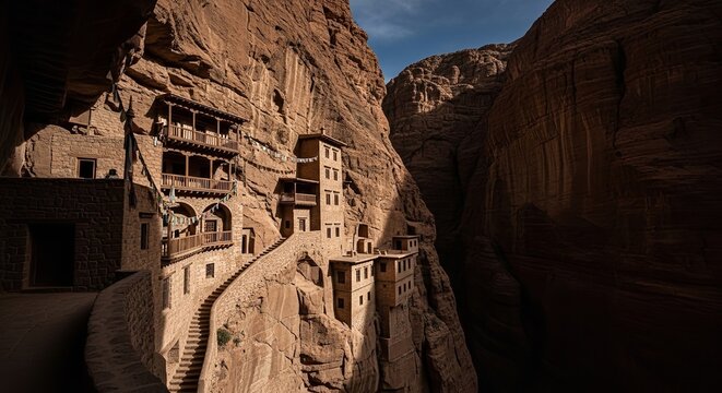 An ancient monastery carved into the side of a rugged mountain