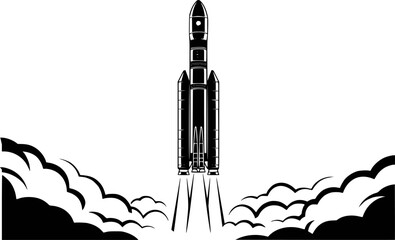 Fototapeta premium Black and white of a powerful rocket launching into the sky with smoke plumes space