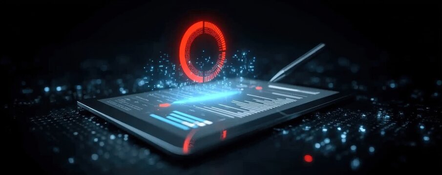 On the tablet, the dashboard interface allows for precise tracking and monitoring while a stylus edits the latest data report.