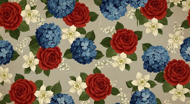 Floral fabric pattern, red roses, blue hydrangeas, white flowers, green leaves, seamless design