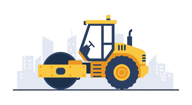 Yellow Road Roller Machine With Cityscape Background Illustration
