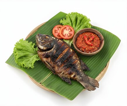 Indonesian grilled fish ikan bakar served with spicy sambal, fresh vegetables and banana leaf on white background, traditional Asian seafood