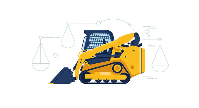 Yellow Skid Steer Loader Balances Weight On Abstract Scales