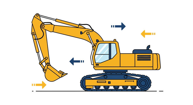Yellow Excavator Machine With Directional Arrows On White Background