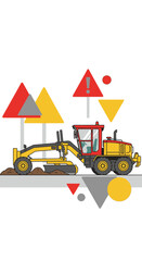 Naklejka premium Yellow Grader Machine Working on Construction Site with Geometric Shapes