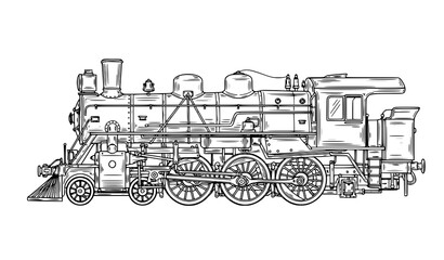 Vintage hand drawn steam locomotive side view detailed line art isolated on white background vector illustration © Nirendranath