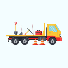 Naklejka premium Yellow Flatbed Truck Carrying Construction Tools and Safety Cones