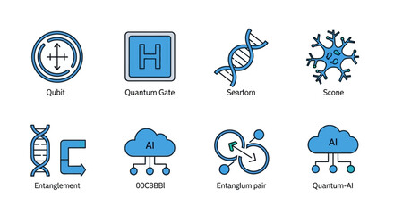 Obraz premium Quantum Computing and Artificial Intelligence Icon Set featuring Qubit, Entanglement, and DNA Symbols for Science and Technology