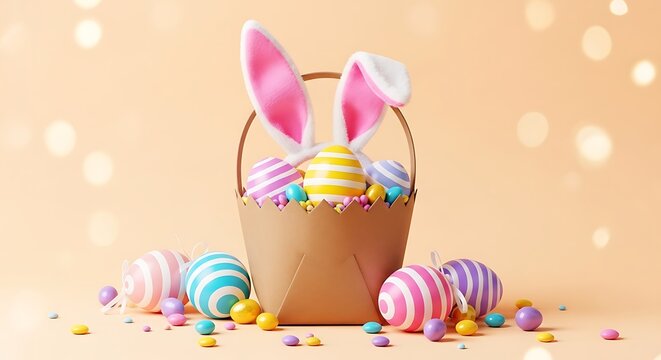 Easter basket with bunny ears and colorful eggs on pastel background