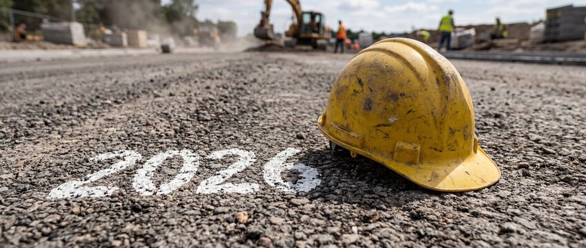 Yellow Construction Safety Helmet on Asphalt with 2026 Marking Symbolizing New Year Industry Planning