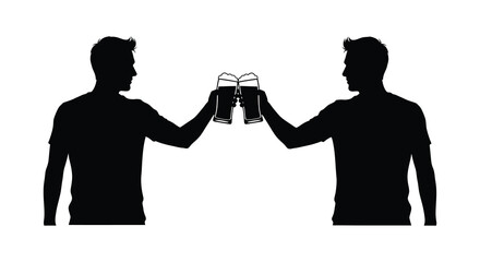Two men are depicted toasting with full beer glasses in a striking black silhouette high quality professional detailed © jivect02