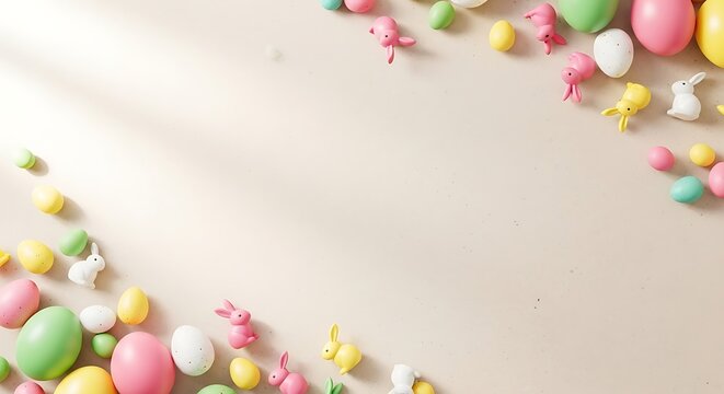 Easter candy scattered on a white surface with pastel colors