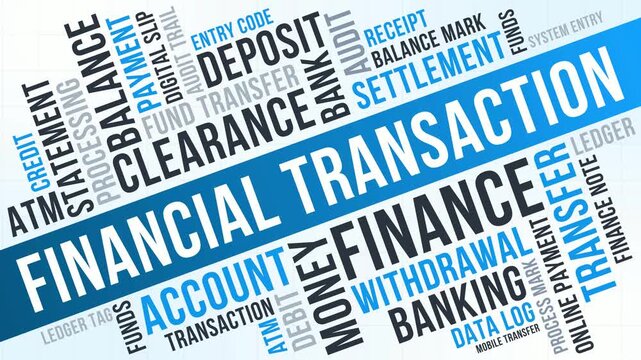 Dynamic Diagonal Financial Transaction Word Cloud Animation Shameless Loop. Financial Transaction Kinetic Typography Blue Gray Theme