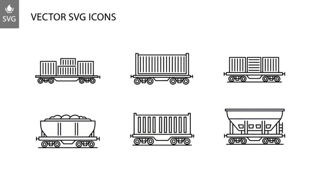 Vector SVG Icons: Freight Train Cars Collection - Cargo, Container, Hopper