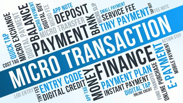 Micro Transaction Word Cloud Design for Fintech App UI, Digital Payment Banner, Online Banking. Micro Transaction Blue Modern Typography
