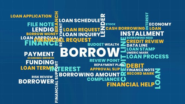 Vibrant Horizontal Borrow Word Cloud Animation Shameless Loop. Borrow Kinetic Typography Blue Teal Finance Theme