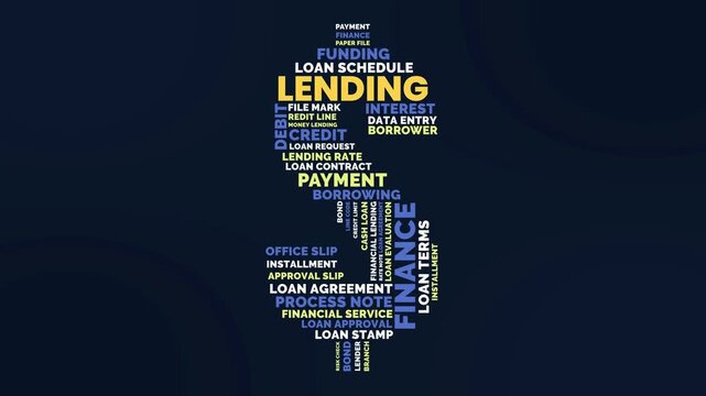 Centered Modern Lending Word Cloud Animation Shameless Loop. Lending Kinetic Typography Dollar Sign Shape