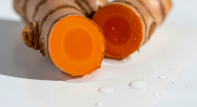 Vibrant and succulent cross-section of a fresh turmeric root showing intense orange flesh and morning dew on a bright surface