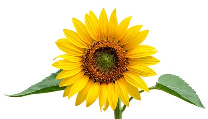 Fototapeta premium A vibrant sunflower with bright yellow petals and green leaves