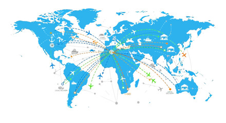 Fototapeta premium Global Travel Network: World Map with Flight Paths and Destination Icons