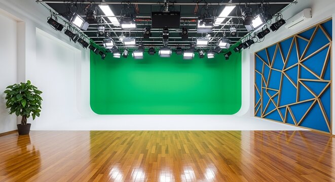 Empty green screen studio lights floor