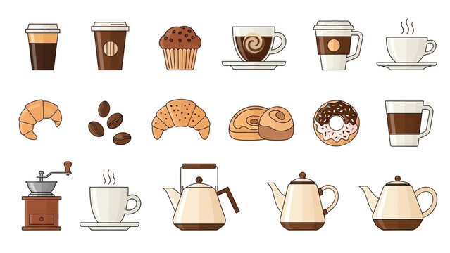 Assortment of coffee, tea, and baked goods featuring cups, pots, pastries, and coffee beans