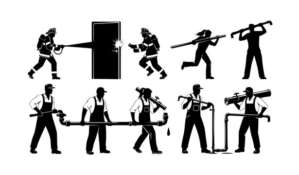 Dynamic firefighter and plumber silhouettes with action poses men and women service workers vector set