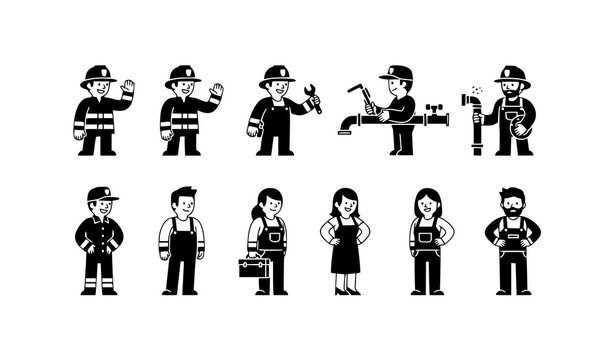 Firefighter and plumber icon set with simple flat silhouettes of male and female service workers vector
