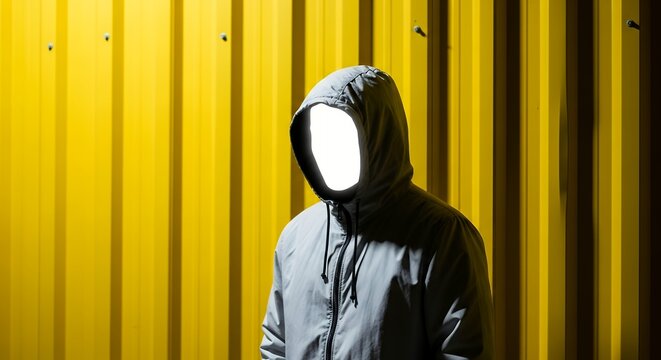 Anonymous hooded man with glowing white face, faceless hacker in grey hoodie, mysterious figure against yellow industrial metal wall