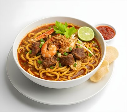 Mie Aceh Indonesian spicy curry noodles with beef, shrimp, lime and crackers in rich broth isolated on white background
