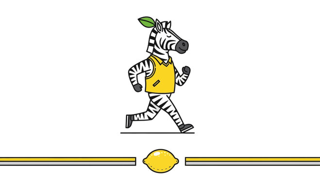 Running Zebra Character with Lemon and Leaf, Healthy Lifestyle, Fitness