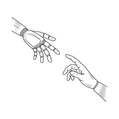 Obraz premium A human hand and a robot mechanical hand touching fingers, artificial intelligence, and futuristic technology integration vector