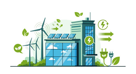 Eco-friendly building with wind turbines and solar panels, green energy concept © Andi