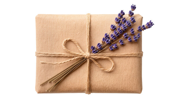 Brown kraft paper gift box tied with natural jute twine and purple lavender sprig, isolated on transparent background